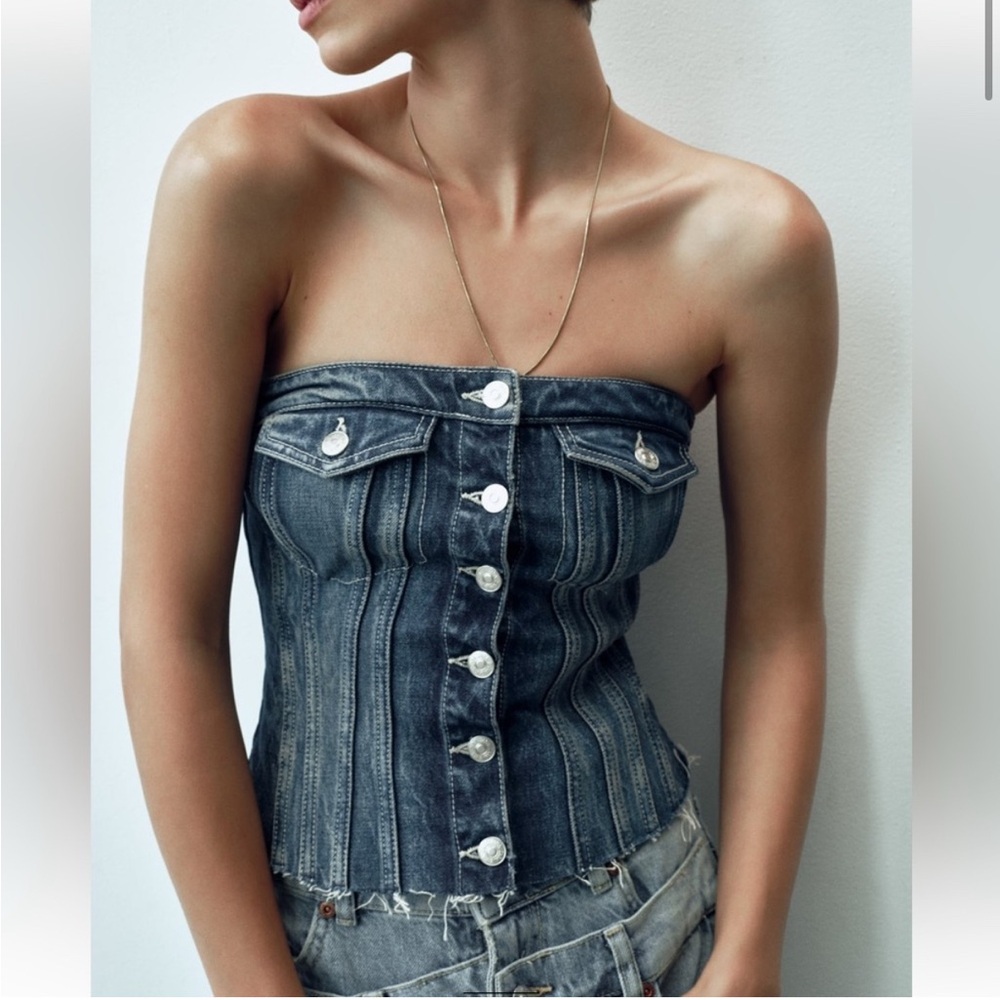 Zara Blue Denim Strapless Blouse Women Size Small